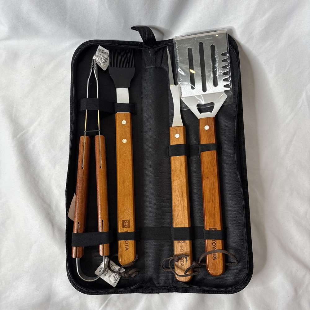 Toyota Grill Set BBQ Tools Stainless Steel 4 Piece In Black Case Zip Closure NEW